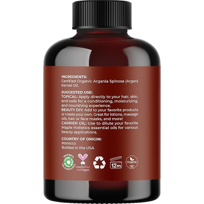 Certified Organic Argan Oil for Hair Skin & Nails - 100% Pure Moroccan Argan Oil Organic Cold Pressed and Unrefined - Fast Absorbing Hair Body and Face Moisturizer plus Beauty DIYs (4 Fl Oz)