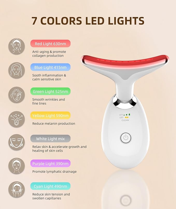 7 Color Face and Neck Massager Light Therapy, Red Light Based Facial Massager for Skin Care, Smoothing, Firming (White)
