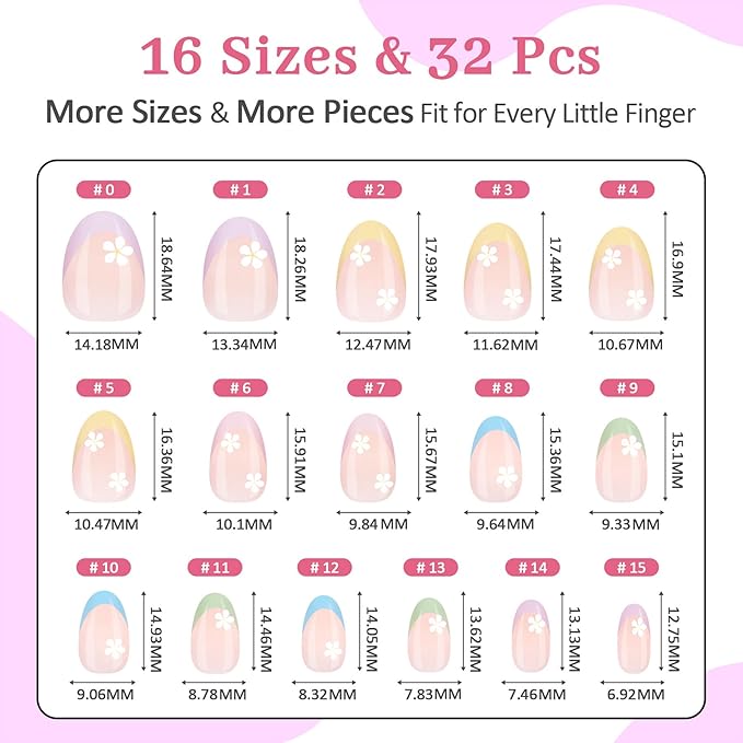 16 Sizes Press on Nails Kit for Kids - 32 Pieces French Almond Fake Nail Tips for Girls 8-12 Years Old with Jelly Nail Adhesives & No-Lamp Nail Glue, Birthday Christmas Gifts (Colorful Flower)