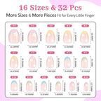 16 Sizes Press on Nails Kit for Kids - 32 Pieces French Almond Fake Nail Tips for Girls 8-12 Years Old with Jelly Nail Adhesives & No-Lamp Nail Glue, Birthday Christmas Gifts (Colorful Flower)