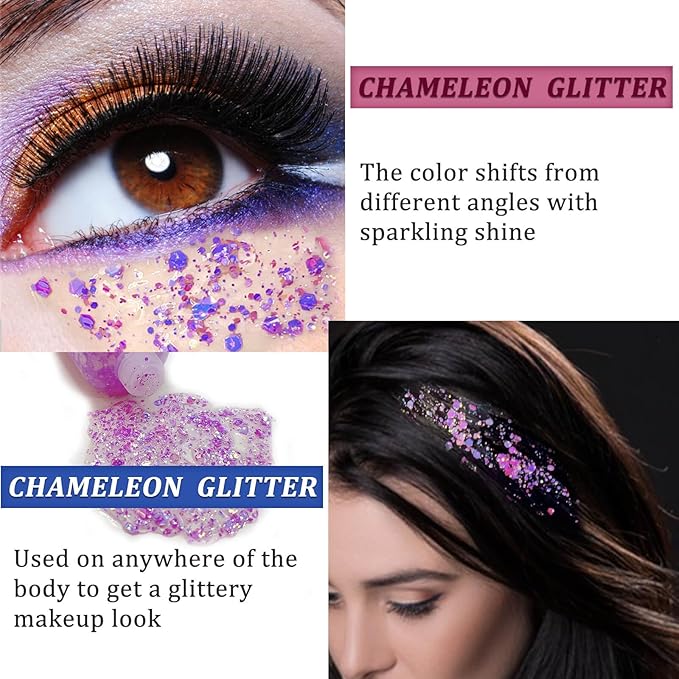 MEICOLY Chameleon Light Purple Hair Glitter,Chunky Face Body Glitter for Halloween,Color Changing Mermaid Face Glitter,Holographic Glitter Sequin for Face Body Hair,Festival Party Cheer Glitter Makeup