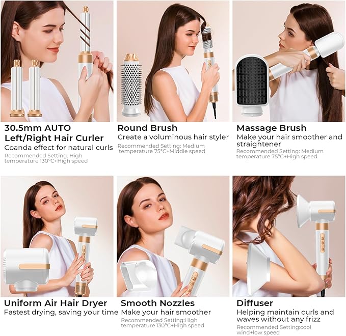 Hair Dryer Brush,Blow Dryer Brush with Attachments,110000 RPM Curly Twist 7 in One Air Style, Professional Ionic Hair Styling Tool, Left & Right Air Curler, Volumizer
