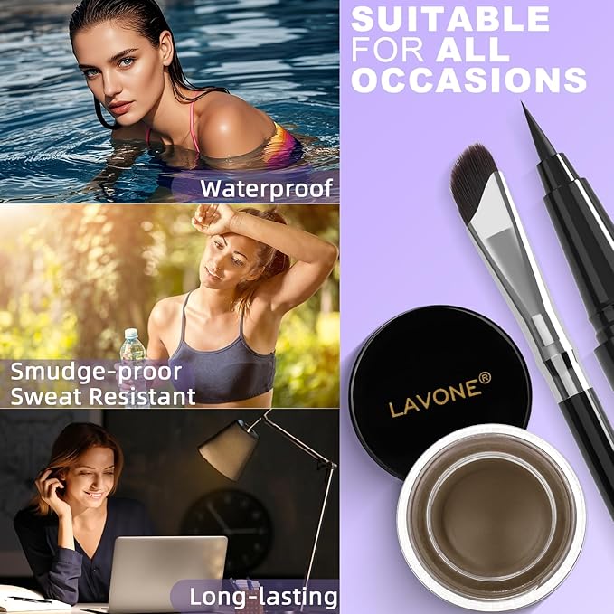 LAVONE Eyeliner Set - Waterproof Makeup Kit with Liquid eyeliner Pencil, Gel Eyeliner & Angled Eye liner Brush, Waterproof, Smudge Resistant, Long Lasting Formula - Ash Brown