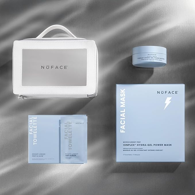 NuFACE Ultimate Glow Skincare Kit - Limited Edition Holiday Gift Set with Hydrogel Power Mask, Under Eye Patches, Prep-N-Glow Facial Wipes & Luxe Bag - Hydrating Skincare to Prep for Microcurrent, 4ct