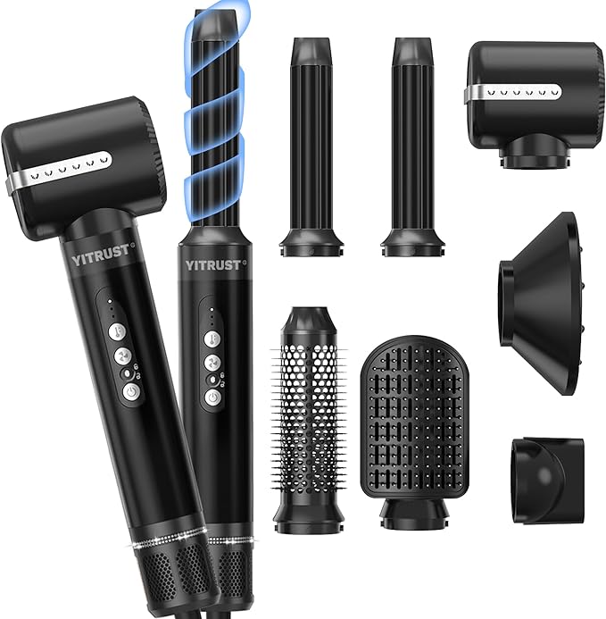 Blow Dryer Brush 7 in ONE，Autowrap Curling Wand, 110,000 RPM High-Speed Negative Ionic Hair Dryer with Diffuser Concentrator, Round Brush Blow Dryer Air Styler, Volumizing Hair Styling Tools