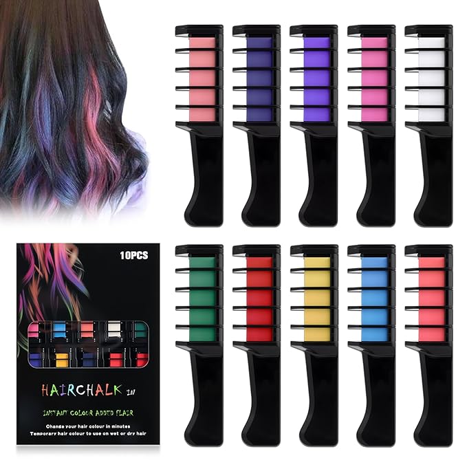 10 Colors Festive Fun Hair Chalk Combs, Advanced Temporary Glitter Hair Colors Hair Chalk Combs, Washable Hair Color Dye for Birthday Christmas Party Gifts for Teenage and Girls
