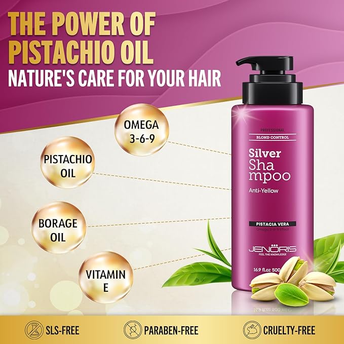 Jenoris Silver Purple Shampoo For Blonde, Silver, Gray & Lightened Hair – Neutralizes Yellow & Brassy Tones – Enriched with Natural Oils, Paraben & SLS Free, Salon Professional, 16.9 Fl Oz