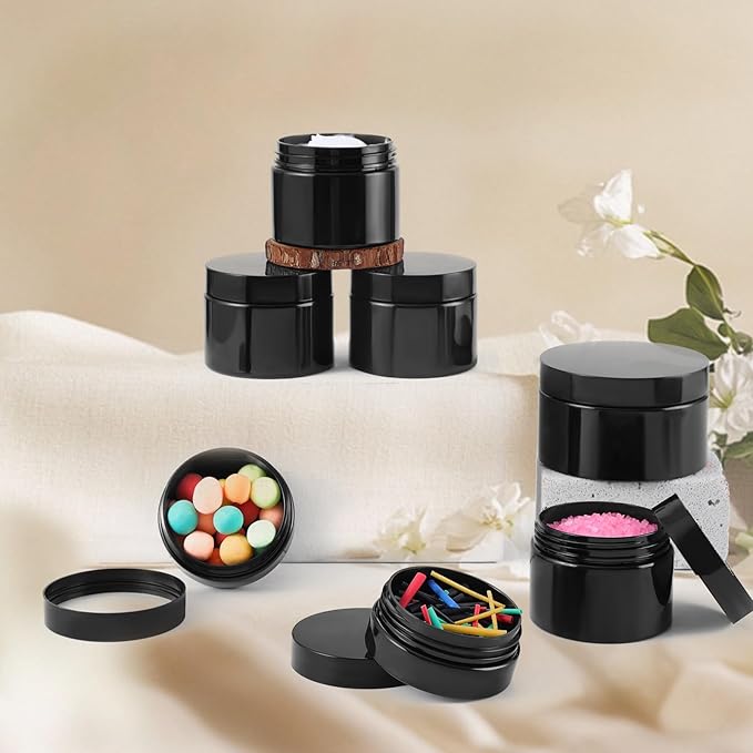 24 Pack 4 Oz Plastic Containers with black Lids, Empty BPA Free and Refillable Cosmetic Jars Travel Containers for Creams, Lotion, Bath Salts, Sugar Scrub, Slime, Lip Scrub, Makeup