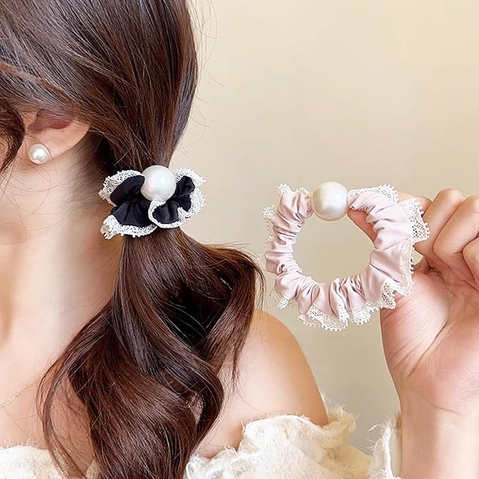 Silk Scrunchies Hair Ties 3Packs – Super Soft Thin Hair Scrunchies, Gentle on Hair, Faux Pearl Decorated Hair Accessories for Women