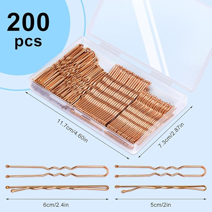 TsMADDTs Hair Pins, 200PCS Rose Gold Bobby U Shaped Hair Pins for Women Styling, Ballet Bun with Box, 2.4IN & 2IN