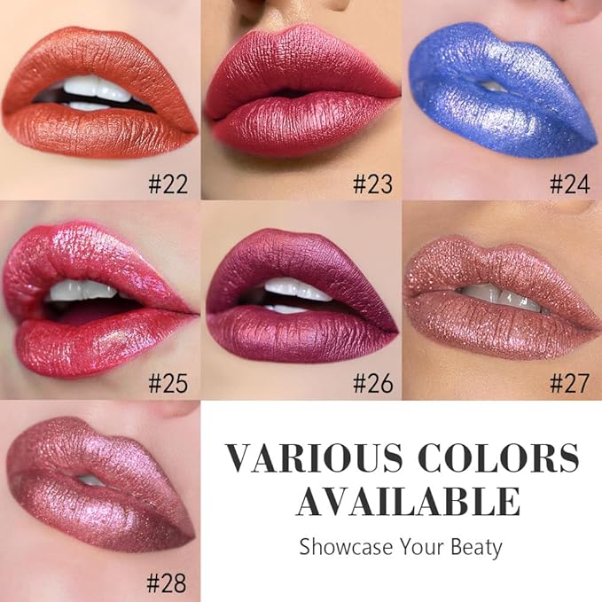 evpct Blue Metallic Glitter Lip Liner and Lipstick Combo Lip Gloss Stain Set Makeup for Women Long Lasting Waterproof 24, Non Stick Cup Metal Shine Shimmer Iridescent Liquid Lipstick 24