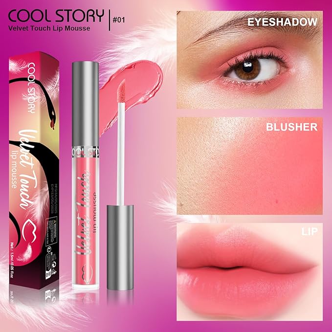 COOL STORY Velvet Lip Stain Mousse, Lip Tint Long-Lasting Waterproof Matte Finish (01)