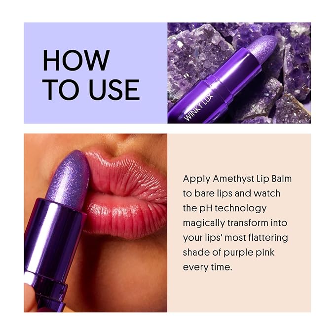 Winky Lux Amethyst Glimmer Balm – Nourishing pH Lip Balm with Color Changing Tint, Hydrating Ceramides Soften Lips, Coconut Scent