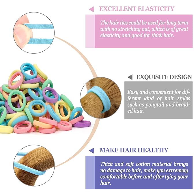 Hair Ties for Women And Kids, 100PCS Seamless Thick Cotton Hair Band, Elastic Baby Hair Ties No Damage Ponytail Holder, Multicolor