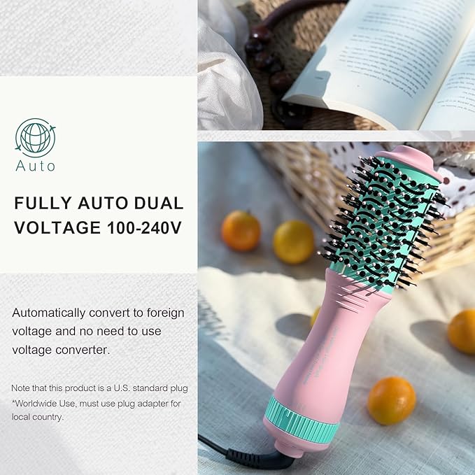 Dual Voltage Travel Dryer Styler in One, 2 Inch Oval Jet Brush for Worldwide Use, 110-240V European Hair Dryer & Volumizer with Universal Adapter