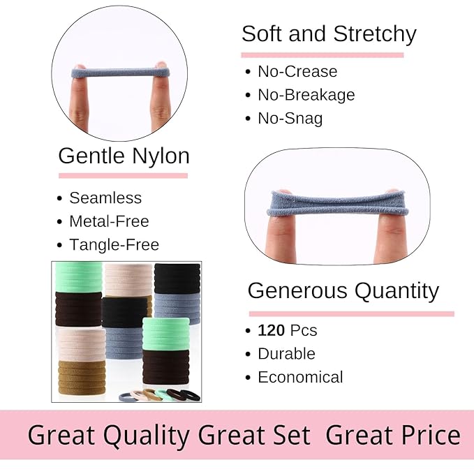 LuSeren 120 Pcs No Damage Hair Ties for Thick Hair, Large Soft Seamless Nylon Hair Elastics for Women, Ponytail Holders, Hair Accessories – Neutral Colors