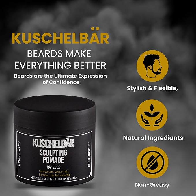 KUSCHELBAR Matte Hair Pomade for Men | Medium Hold | Matte Finish | Hair Wax with Kaolin Clay & Beeswax | Natural Look | Botanical Extracts | Nourishing, Non-Greasy Styling | 3,38 fl.oz.