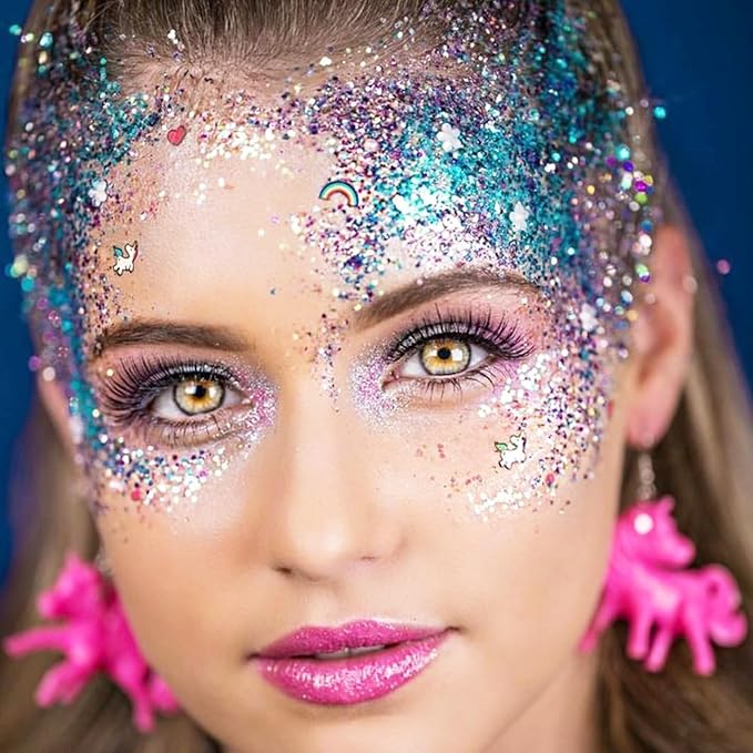 MEICOLY Pink Face Glitter,Pink Out Accessories for Spirit Week,Sparkle Hair Glitter Face Paint,Singer Concerts Lover Heart Glitter Makeup,Body Glitter for Women Kids