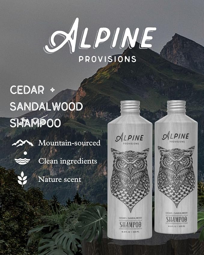 Alpine Provisions Natural & Organic Shampoo with Cedar & Sandalwood – Plant-Based Shampoo for Men & Women with Aloe Vera, Jojoba & Essential Oils – Sulfate-Free, Vegan, Hydrating – 16.9 fl oz