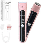 2 in 1 Bikini Trimmer for Women Dual Head Electric Shaver with LED Display,IPX7 Waterproof Wet & Dry, Painless Shaver for Underarm Leg Arm Body Face Private Area Pink