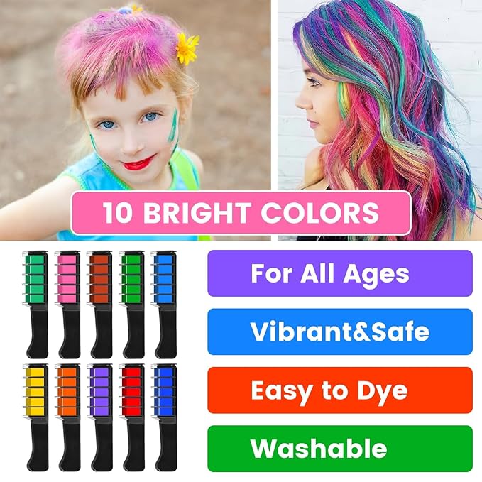 Festive Fun Hair Chalk Combs,10 Colors Instant Hair Color Comb Washable Quick Dry Vibrant Temporary ColorWashable Hair Chalk New Year Birthday Cosplay, Birthday Party, Christmas Gifts (10 Color)