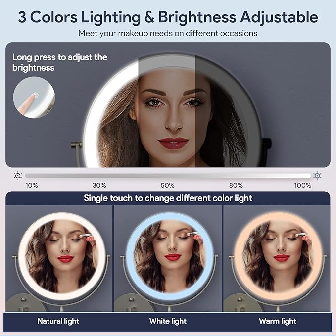 Rocollos Rechargeable Wall Mounted Lighted Makeup Mirror, 8 Inch Double-Sided LED Vanity Mirror 1X/10X Magnification,3 Color Lights Touch Screen Dimmable 360°Swivel 13 Inch Extendable