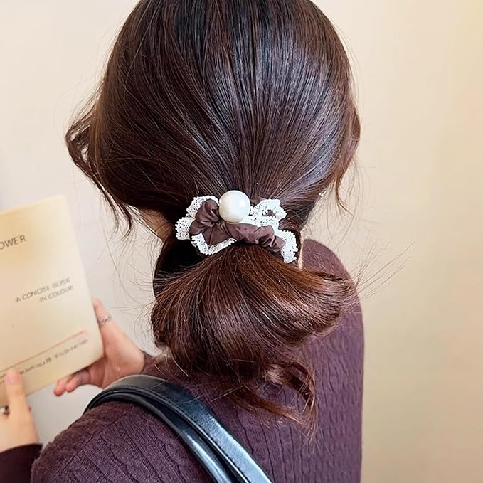 Silk Scrunchies Hair Ties 3Packs – Super Soft Thin Hair Scrunchies, Gentle on Hair, Faux Pearl Decorated Hair Accessories for Women