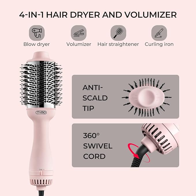 TYMO Pink Volumizer Hair Dryer Brush with Titanium Barrel, 1200W, 3 Speeds, Nylon Bristles, Ionic Technology, Salon Long-lasting Hairstyles, Hot Air Brush for Women, Designed for 120V USA Outlets