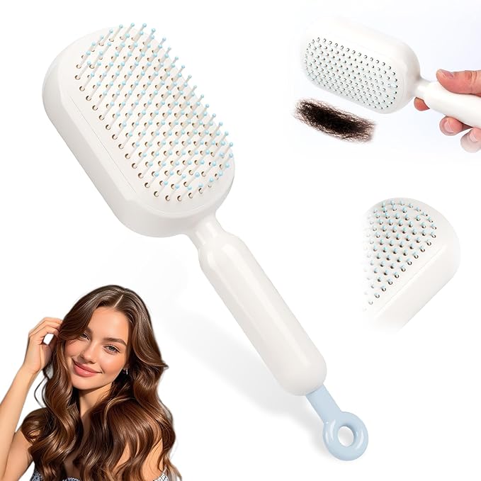 Self Cleaning Hair Brush, Retractable Cushion Massage Comb,Air Cushion Comb,Easy Clean,One-pull Clean Anti Static Brushs, Hairs Styling Tools for All Hairs Types (White)
