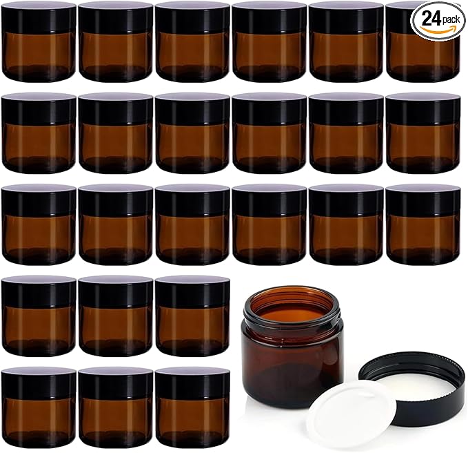 24 Pack 2 oz Round Amber Glass Cosmetic Jars with Inner Liners and Black Lids, Travel Jars, Refillable Containers for Makeup, Cream, Lotion, Sugar Scrubs, Eye Shadow, Slime, Paint, Jewelry