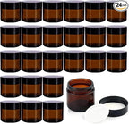 24 Pack 2 oz Round Amber Glass Cosmetic Jars with Inner Liners and Black Lids, Travel Jars, Refillable Containers for Makeup, Cream, Lotion, Sugar Scrubs, Eye Shadow, Slime, Paint, Jewelry
