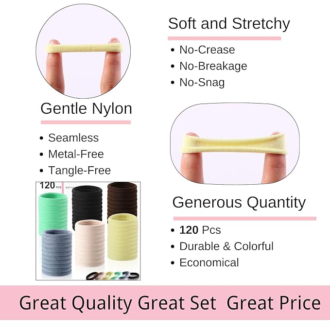 LuSeren 120 Pcs No Damage Thick Hair Ties, Large Soft Seamless Nylon Cloth Hair Elastics for Women - Neutrals 5