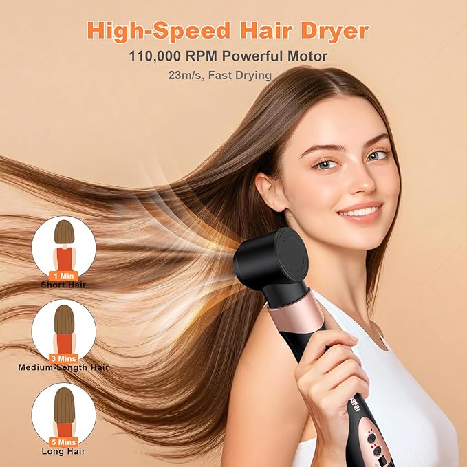 6 in 1 High-Speed Air Wrap Hair Styler,110,000 RPM Professional Hair Dryer Brush Set Fast Drying,No Heat Damage Multi-Styler,Blow Dryer Brush for Curling Straightening Volumizing Styling (Rose Gold)