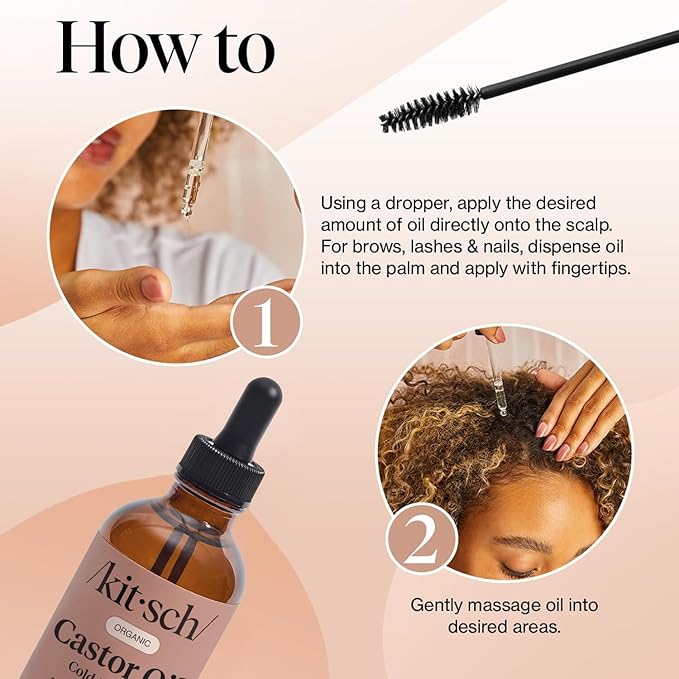 Kitsch Organic Castor Oil for Hair Growth - 100% Pure Castor Oil, Organic Cold Pressed Unrefined Glass Bottle for Face, Skin, Lashes, Brows, Scalp, Nails & Belly Button | Ideal Gifts for Women - 4 oz