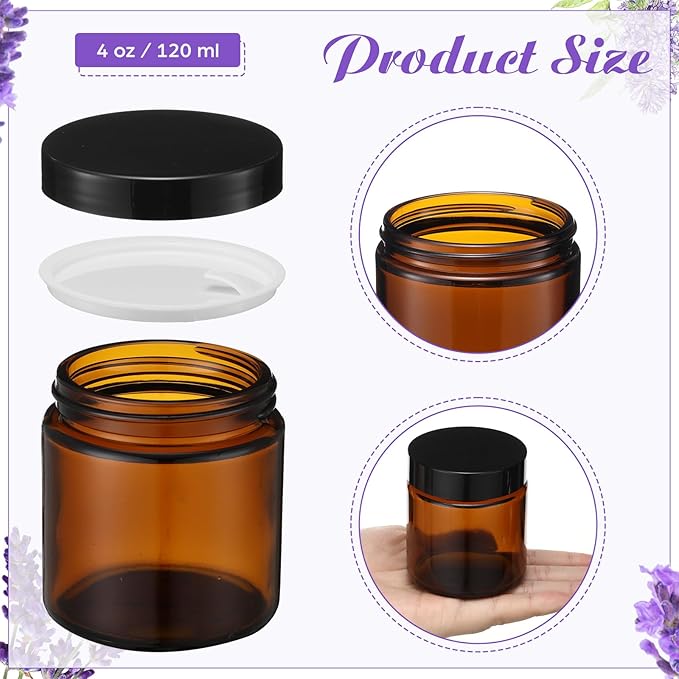24 Pcs 4 oz Glass Jars with Lids, Clear Candle Jars with Black Lids Round Empty Candles Container Tins Candle Making Storing Lotions Spice Powder Liquid Sample Makeup (Amber)