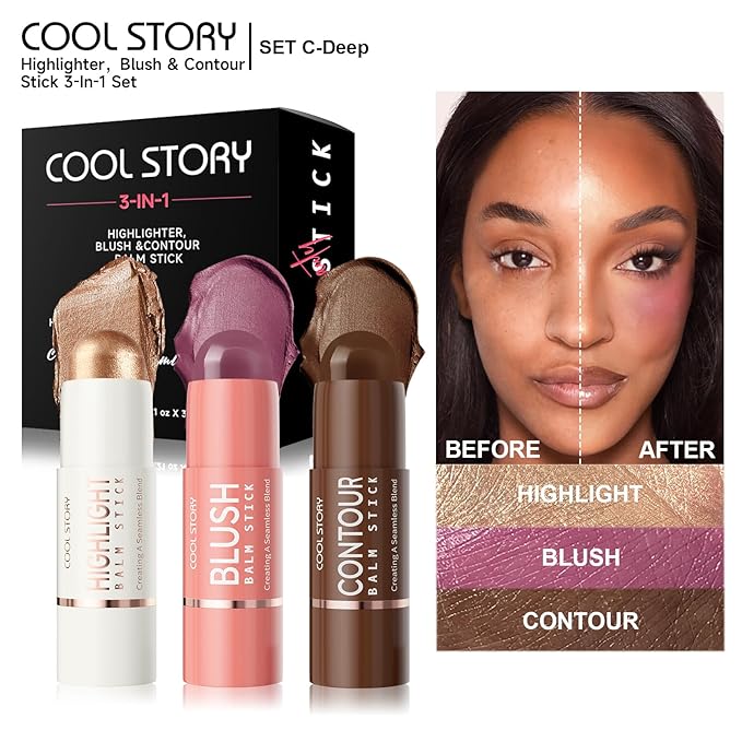 Cool Story 3-in-1 Makeup Set, Highlighter, Blush and Contour Balm Stick, Cream Formula for Face Contouring, Professional Cosmetic Kit (SET-C)