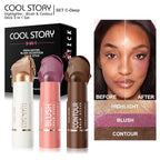 Cool Story 3-in-1 Makeup Set, Highlighter, Blush and Contour Balm Stick, Cream Formula for Face Contouring, Professional Cosmetic Kit (SET-C)
