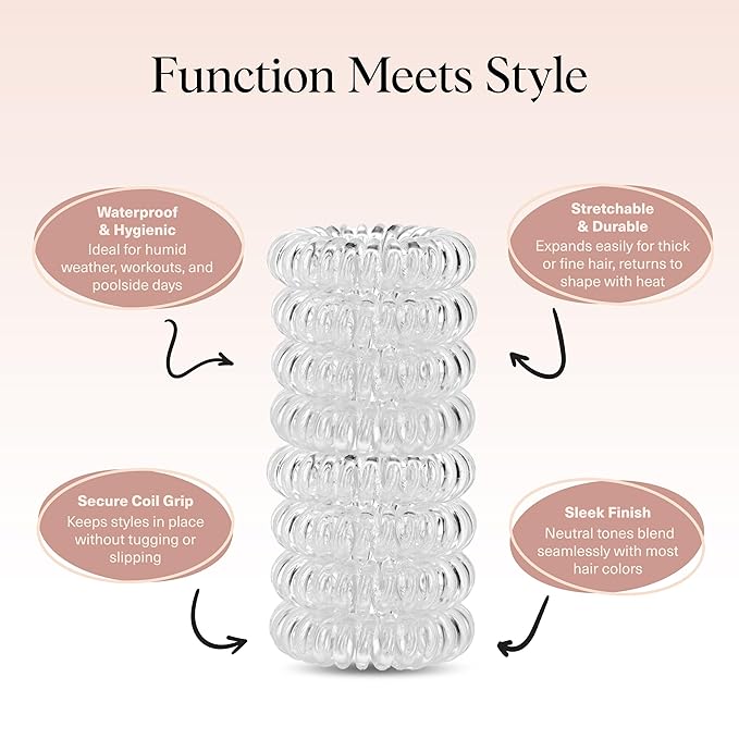 Kitsch Spiral Hair Ties for Women - Coil Hair Ties No Damage, No Crease, Secure Grip All Day Hair Coils, Stretchable and Waterproof | Ideal Gifts for Women - 8pcs (Clear/Transparent)