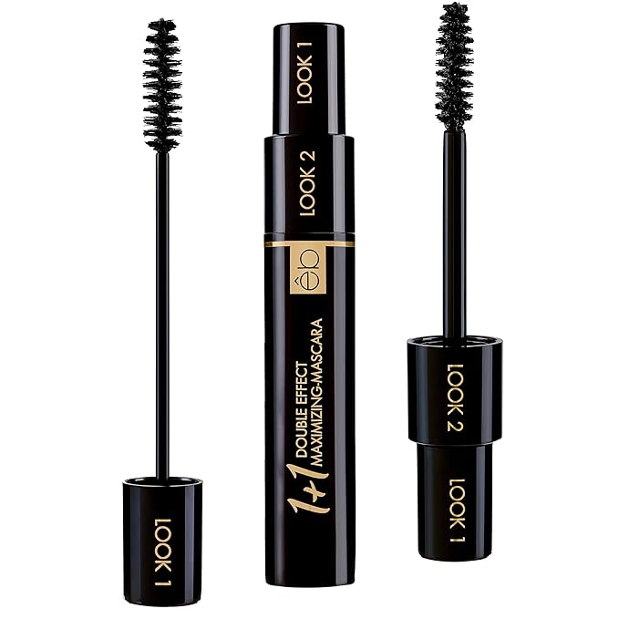 êb être belle Cosmetics 1+1 Double Effect Mascara for Women, 2 in 1 Long Lasting Mascara for Volumizing, Lengthening & Curling, Formula with Keratin, Intense Black Color, Easy Removal