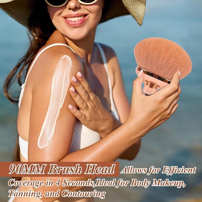 90MM Extra Large Self Tanner Kabuki Makeup Brush – GloréBrochas Ultra Soft Dense Vegan Bristles for Body Makeup, Bronzer & Foundation–Applies Tanning Mousse, Lotion & Self Tanner，Wet & Dry (Rose-Gold)