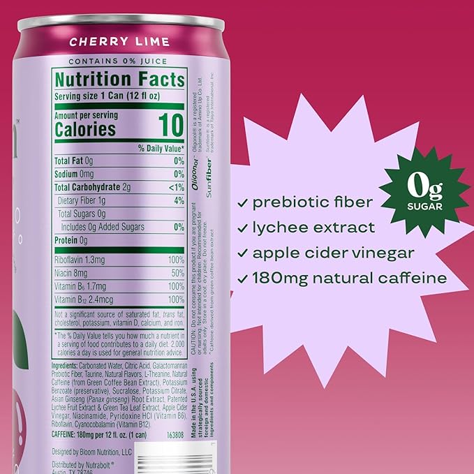 Bloom Nutrition Sparkling Energy Drink - Natural Caffeine, Zero Sugar, 180mg Caffeine - Antioxidant-Rich w/Green Coffee Bean, Green Tea Extract, Prebiotics - Cherry Lime - 12oz 12 pk