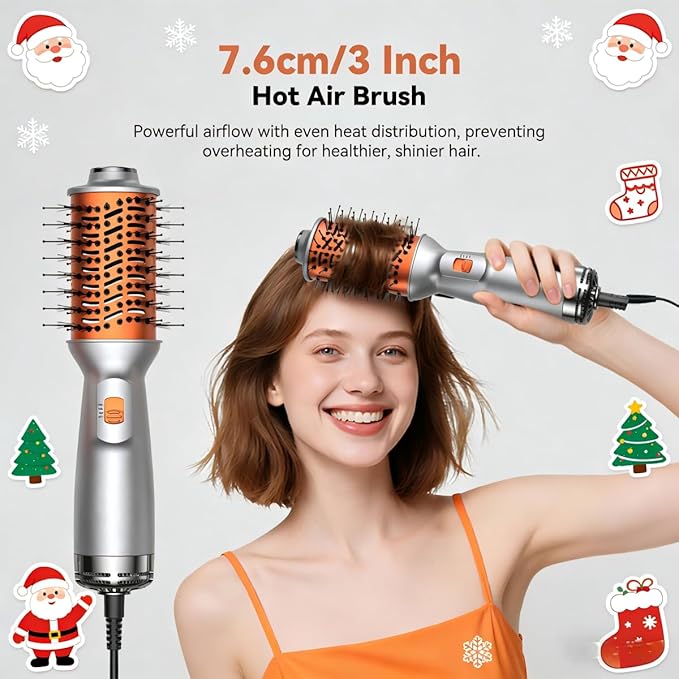 Travel Hair Dryer Brush, Double Voltage 100–240V 4-in-1 Hot Air Brush with 3 Heat & 2 Speed Settings for Drying, Straightening, Curling & Volumizing, Mini Ionic Thermal Blow Dryer Brush for Women