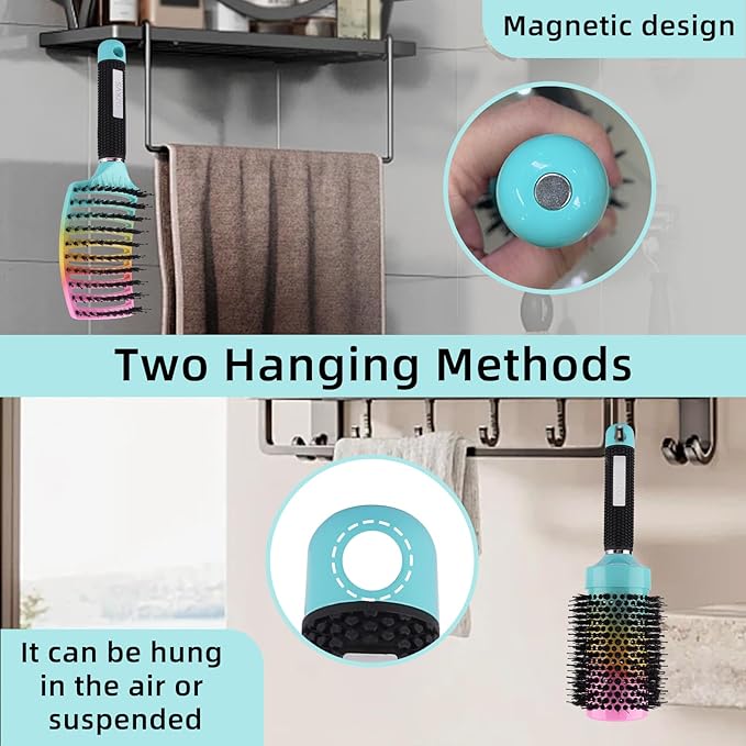 4 Piece Boar Bristle Hair Brush Set for Fine & Thick Hair - Round & Paddle Brushes for Blow Drying,Curl Defining & Wet Hair,Travel Combs (Includes 2 Clips)