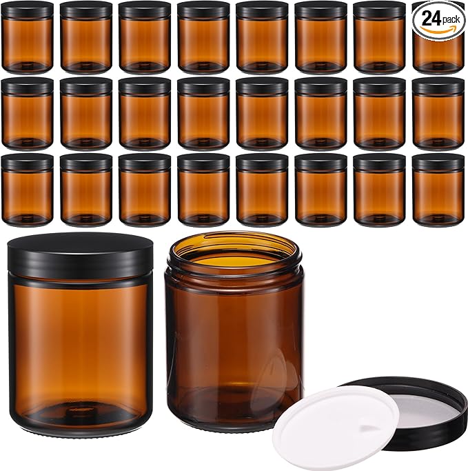 24 Pcs 8 oz Glass Jars with Lids, Clear Candle Jars with Black Lids Round Empty Candles Container Tins for Candle Making Storing Lotions Spice Powder Liquid Sample Makeup (Amber)