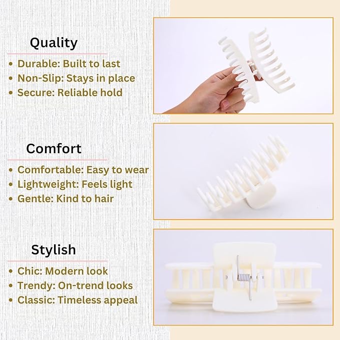 White Hair Clips for Women - 8 Pack 4.3 Inch Large Matte Banana Claw Clips for Women Thin Thick Curly Hair, Big Strong Hold jaw