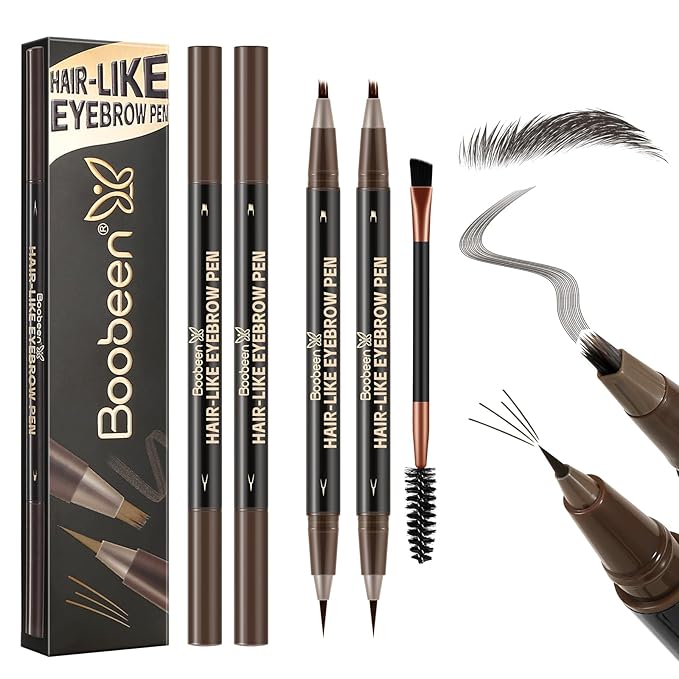 Boobeen 3pcs Waterproof Eyebrow Pen，Dual-Ended Eyeliner Microblading Eyebrow Pencil for Women，Long Lasting Hair-Like Brow Pen with Brow Brush，Dark Brown