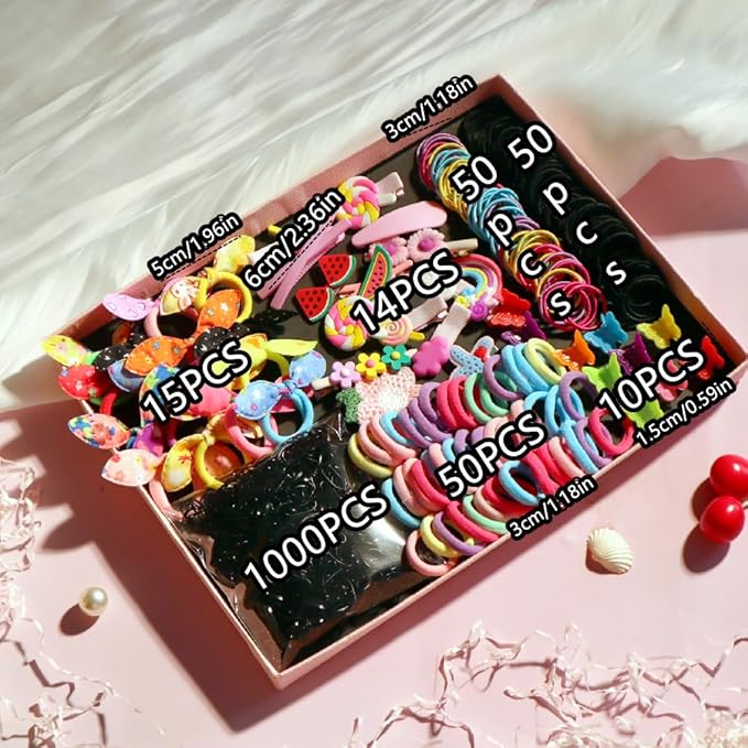 YANRONG Hair Accessories Set (1189PCS) - Candy Colors Eco-friendly Nylon Hair Ties, Disposable Rubber Bands, Hair Bands, and Hair Clips for Women and Girls - Pink