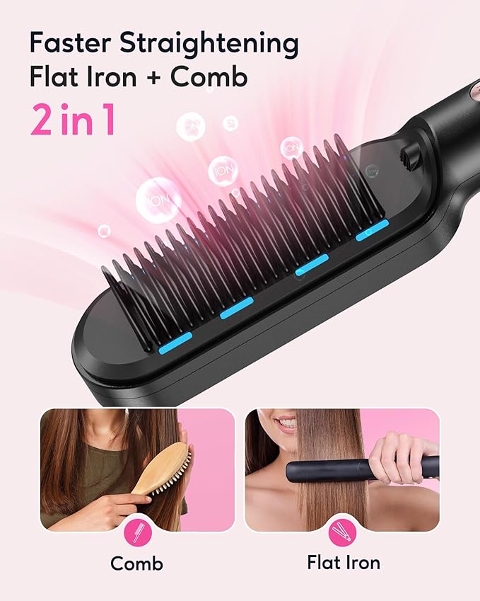 Wavytalk Hair Straightener Brush,Sleek Sweep Ionic Straightening Brush with 6 Temperature Adjust, Anti-Scald Ceramic Hair Straightener Comb Fast Heating for Home Salon, Dual Voltage, Rose Gold