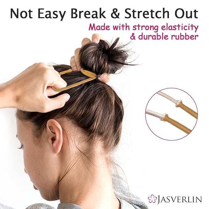No Metal Hair Ties Brown Elastics Nylon for Women Girls Large Thick Fine Beauty Hair Ties Ponytail Holder Snag Free No Damage No Breakage 4mm 50 pcs JASVERLIN (Light Ash brown)