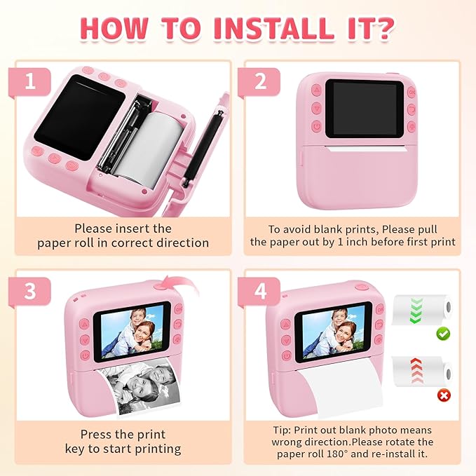 Instant Print Camera for Kids, Christmas Birthday Gifts for Girls Boys, 1080P Instant Digital Print Cameras for Toddler,Portable Toy for 4 5 6 7 8 9 10 Year Old Girl with 32GB SD Card，Pink